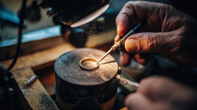 Jeweler Polishing Gold Ring with Rotary Tool Under Magnifier Lamp