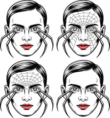 Set of funny cartoon faces featuring a girl with stylish hair and expressive eyes