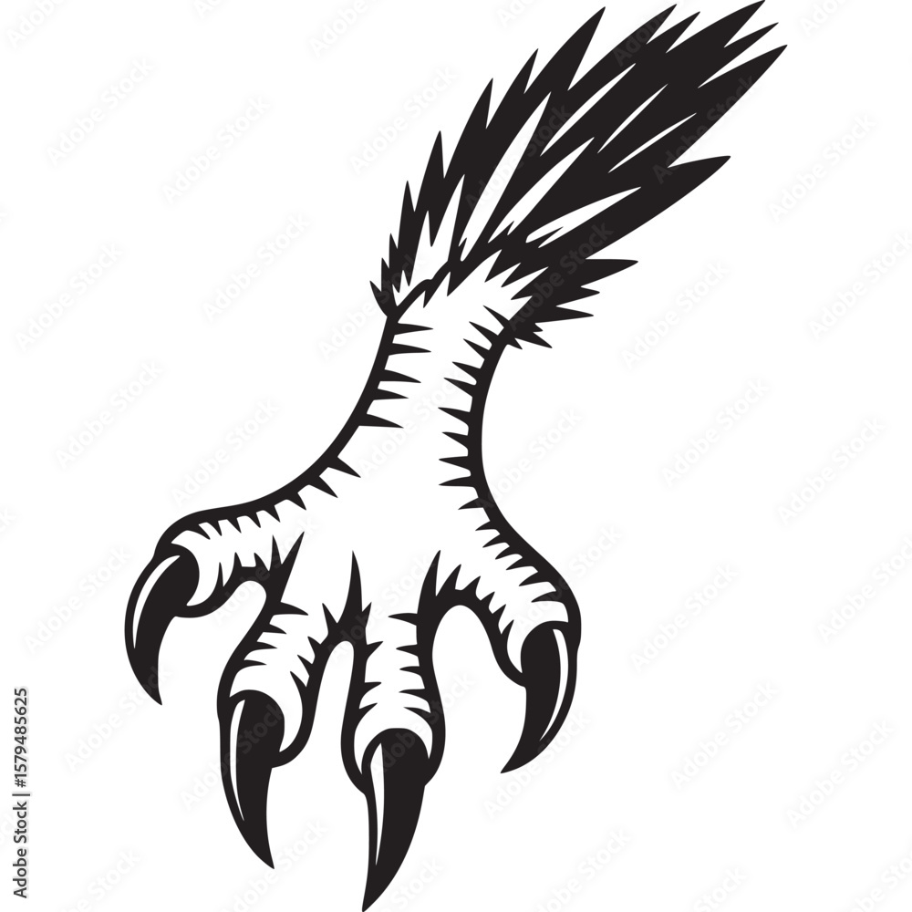 Poster a stylized illustration of an eagle claw with sharp talons and feathered back on a white background 