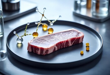 A beautifully marbled steak is presented on an elegant and sleek plate, showcasing an artistic molecular food structure