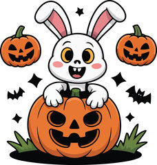 Set of Halloween pumpkins with spooky faces and autumn decorations