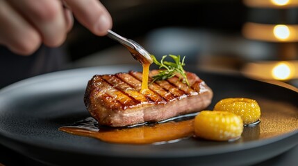Gourmet dish with grilled meat and sauce served in modern restaurant setting
