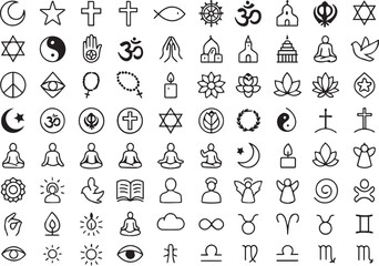 Collection of Religious and Spiritual Symbols and Icons in Line Art Style