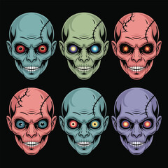 Set of funny cartoon skull and zombie faces in Halloween style