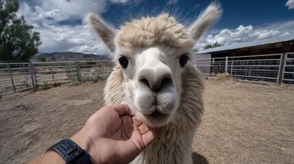 Obraz premium First-person view of grooming a fluffy llama in an open pen