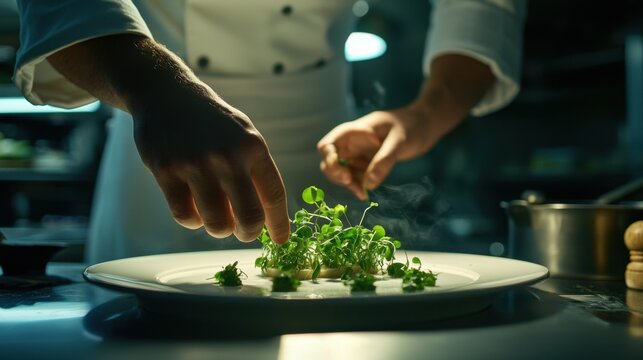Chef preparing a gourmet dish with fresh greens in a modern restaurant kitchen during dinner service