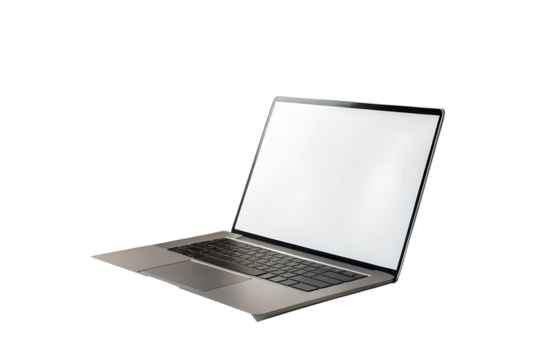 Silver laptop with a blank white screen displayed on a white  background