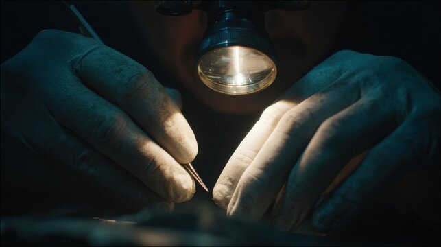 First-person view of hands examining gem clarity with jeweler's loupe and focused lighting