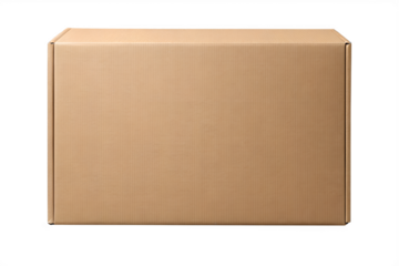 A closed brown cardboard box sits against a white  background in studio light
