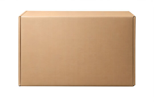 A closed brown cardboard box sits against a white  background in studio light