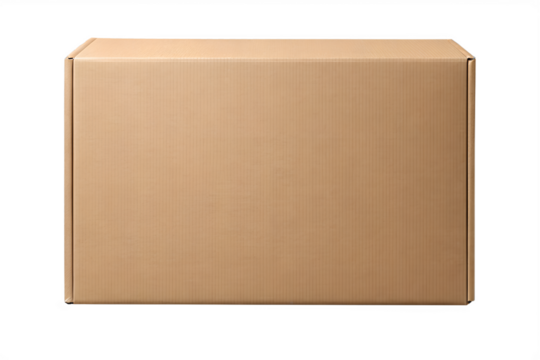 A closed brown cardboard box sits against a white  background in studio light
