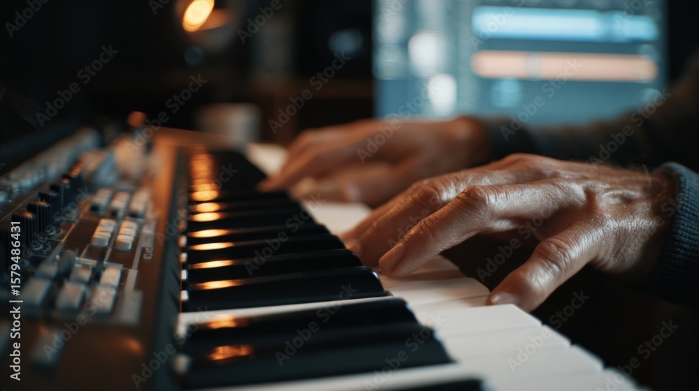 Aufkleber first-person view of hands playing midi keyboard with digital interface