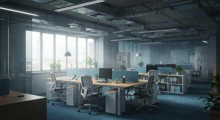 Modern, industrial-style office space with rows of workstations, natural light, and exposed ductwork.