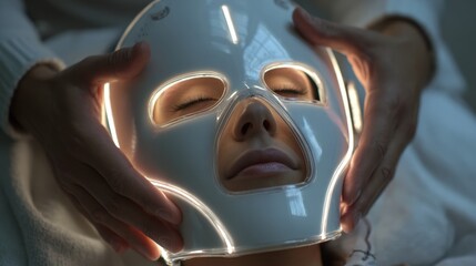 First-person view of hands adjusting LED therapy mask on client's face in spa setting