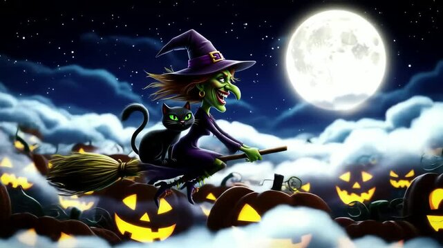 Cartoon witch and black cat flying over pumpkins under a full moon in a Halloween scene