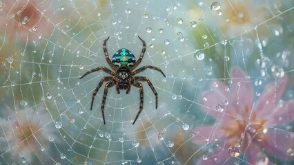 Intricate Spiderweb Adorned with Dewdrops and Delicate Pink Flowers on a Sunny Morning