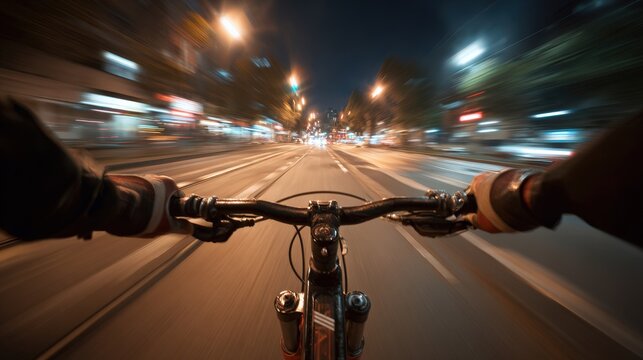 Fototapeta First-person view of delivery biker riding through city streets at night