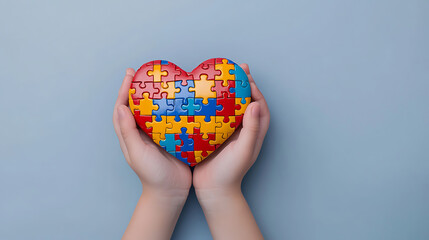 Puzzle heart held in hands against a blue background. Heart is multicolored jigsaw puzzle pieces. Concept of love, care, and solving problems together.
