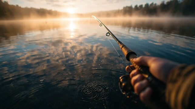 First-person view of fishing rod casting over serene lake at sunrise with misty background