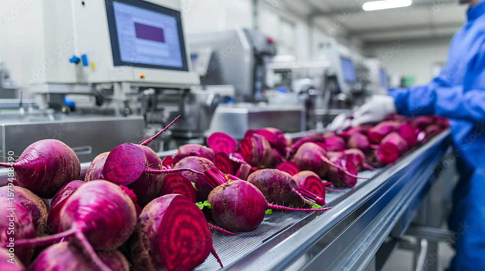 Poster beetroot processing line: fresh produce being sorted and processed on a conveyor belt in a food proc