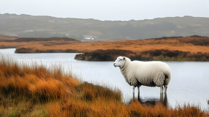 Obraz premium Solitary Sheep Stands in Misty Lake Amidst Autumnal Grasses and
