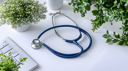 Blue Stethoscope on White Desk with Greenery and Laptop Keyboard