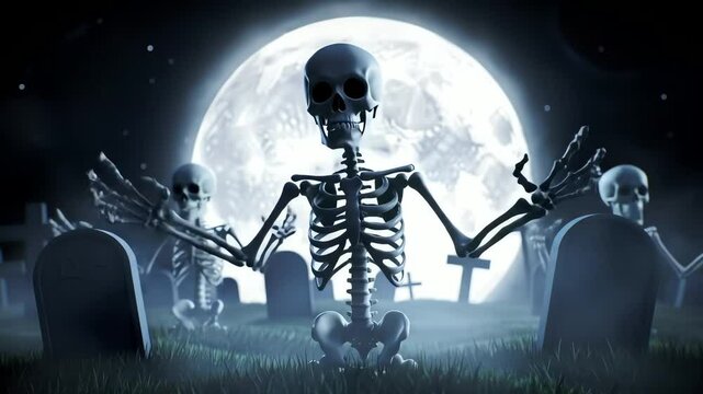 Cemetery scene skeleton poses amidst tombstones lit by a bright moon