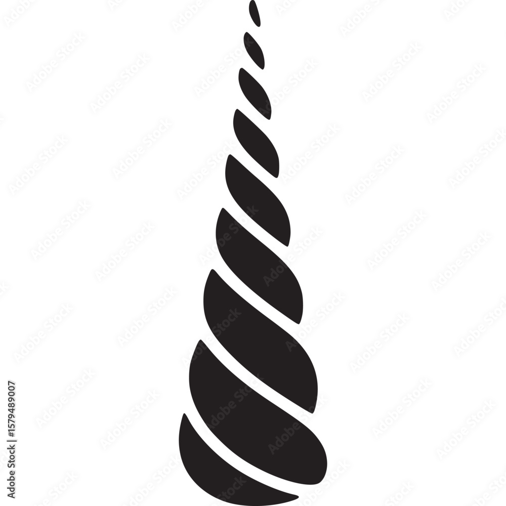 Poster a simple black and white graphic of a spiraling conical shape on a plain white isolated background o