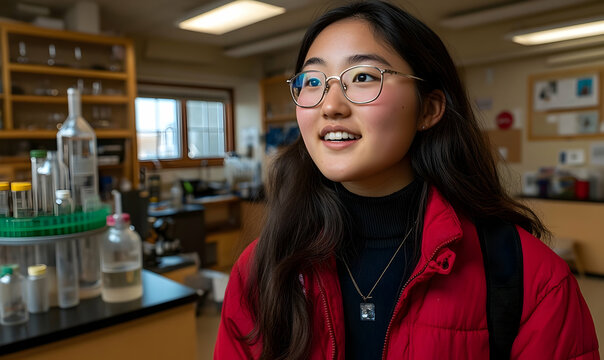 Young female student in a science lab with a red jacket and glas - Powered by Adobe