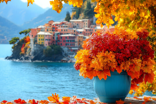 Autumnal Leaves in Blue Pot Overlooking Coastal Village of Manar