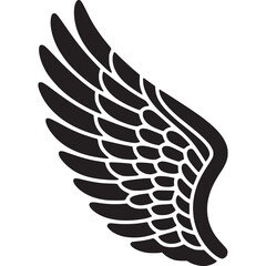 A single black wing with detailed feathering on a white background in a simple graphic style on transparent background