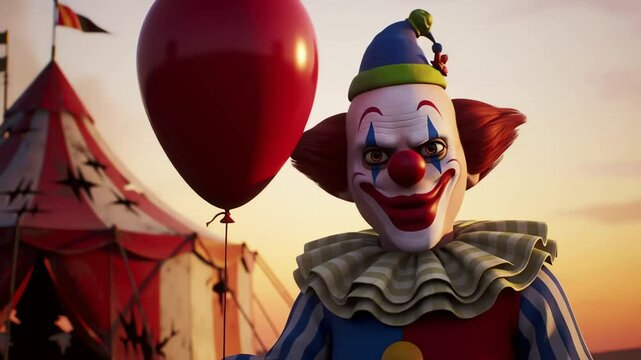 Clown with a red balloon at a circus clown face paint striped costume menacing gaze