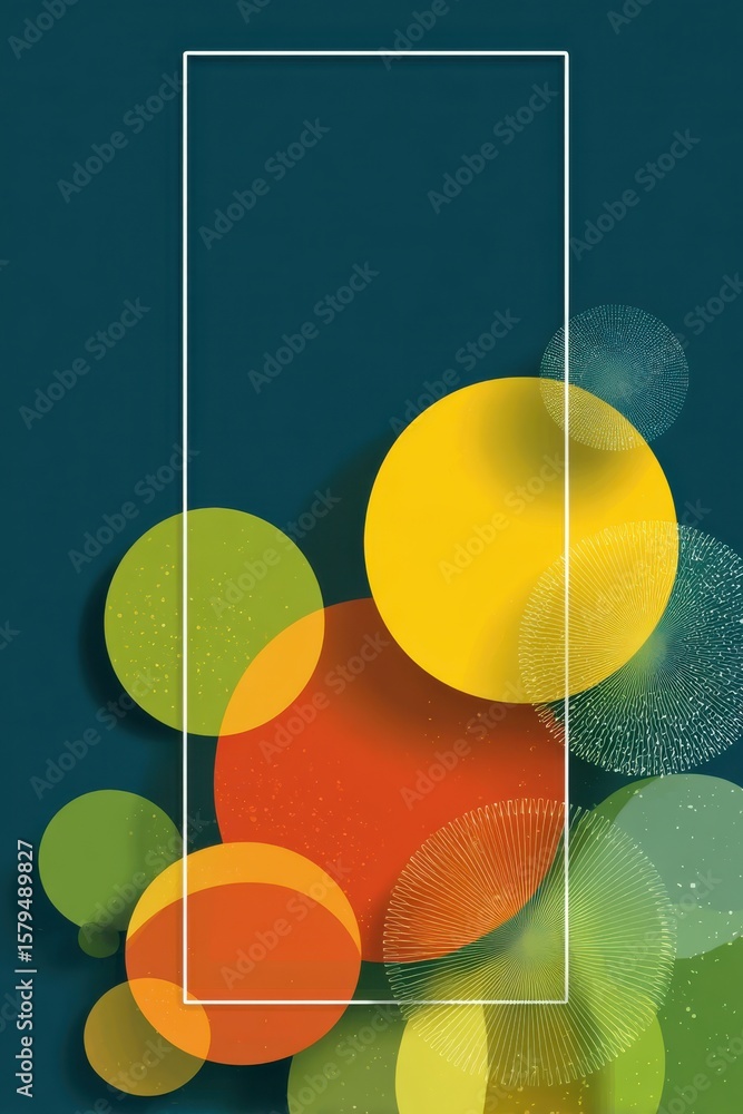 Poster abstract design with colorful textured circles on a dark background