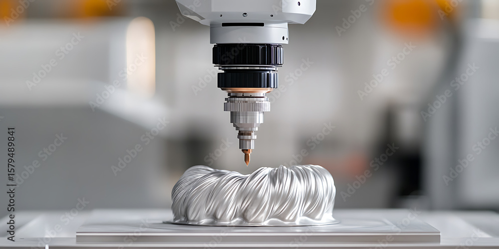 Poster automated manufacturing robot at work. industrial arm creating complex shape with precision. innovat