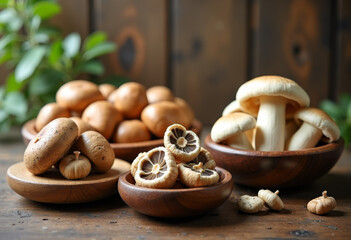 Fresh Mushrooms Displayed in Rustic Bowls, Cozy Kitchen, Food Photography, Natural Light, Close-Up Perspective