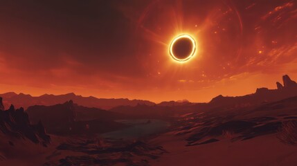 Solar Eclipse Over Barren Landscape with Fiery Orange Sky and Mountains