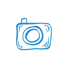 Doodle blue camera illustration. Whimsical vector isolated art