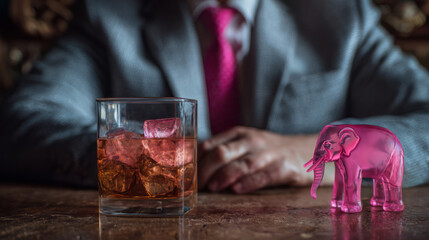 Glass of whiskey with pink ice and toy elephant on bar counter.