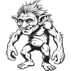 Fototapeta premium A black and white illustration of a cartoon troll with a mischievous grin standing isolated on transparent background