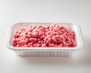 Raw Minced Pork in Plastic Tray. Fresh Meat Packaging Design for Mockup Display on Clean White Background