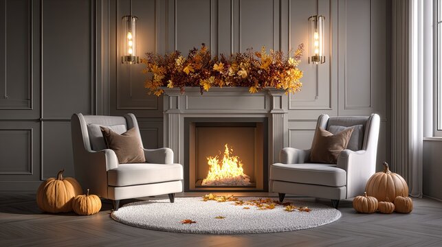 fall themed fireplace with fall decorations and art frames above the fire place