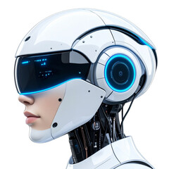 Left Profile View of Futuristic Humanoid Robot Head with Sleek White Helmet, Transparent Background
