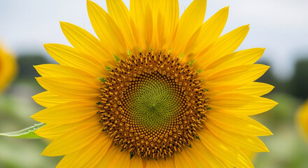 A closeup of a vibrant yellow sunflower in full bloom, showcasing its intricate details and natural beauty in the summer sun