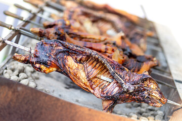 Half of a small pig roasted on a spit on an open fire. Homemade pork grilling over briquettes