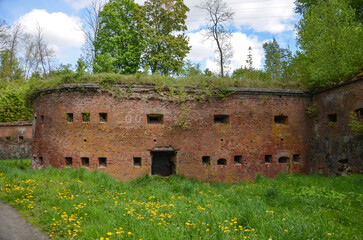 a wall of red bricks, beneath it green grass with yellow flowers, Boyen Fortress in Gizycko