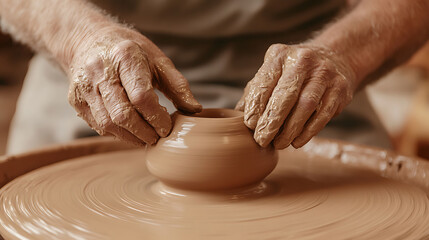 Hands shaping clay on a pottery wheel, gently molding a small pot with skill and precision. A timeless craft.