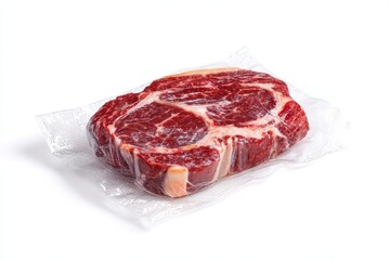 Freshly Packaged Marbled Beef Ribeye. Vacuum-Sealed Closeup on Clean White Background