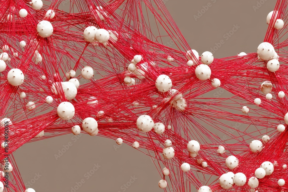 Poster abstract red spheres interconnected with mesh lines on a soft beige background