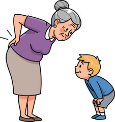 Elderly woman with back pain, caring young boy, cartoon illustration, family support, health awareness, senior care, intergenerational empathy artwork
