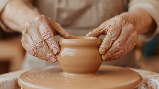 Hands shaping clay on a pottery wheel with care, demonstrating the art of craftsmanship. Creating unique ceramic pieces with skill and focus.